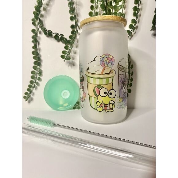Kawaii Sublimated On Frosted Glass Cup 16oz Glass Tumbler/Beer Can & Free Lid - Picture 3 of 5